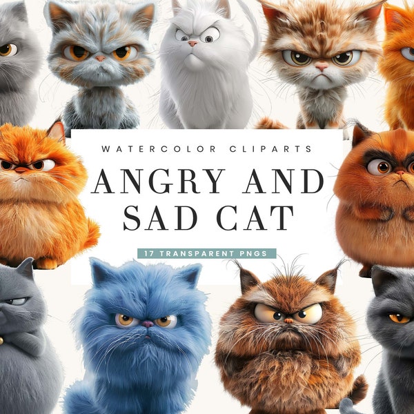 17 Angry and sad Cat Clipart Bundle Sublimation Designs Digital Print Instant Download, Digital Files, Wall Art Digital Download