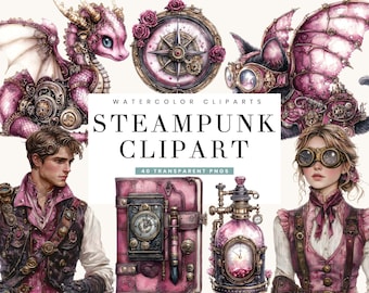 May include: Watercolor clipart set featuring steampunk-themed illustrations. The image includes a pink dragon, a compass with roses, a winged creature with goggles, a man and woman in steampunk attire, and a pink book with a clock. Text reads "STEAM PUNK CLIPART".