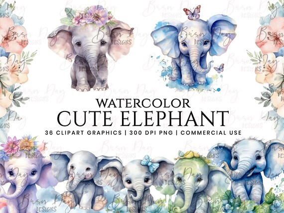 36 Watercolor Cute Elephant Clipart bundle , clipart bundle, commercial use, digital download, instant download, digital planner