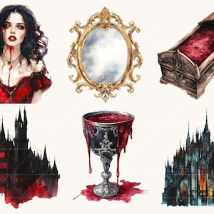 Peut inclure: Illustrations &agrave; l'aquarelle d'&eacute;l&eacute;ments gothiques. Comprend une femme avec des accents rouges, un miroir dor&eacute; orn&eacute;, un cercueil avec un int&eacute;rieur rouge, un calice d&eacute;bordant de liquide rouge et deux ch&acirc;teaux sombres.