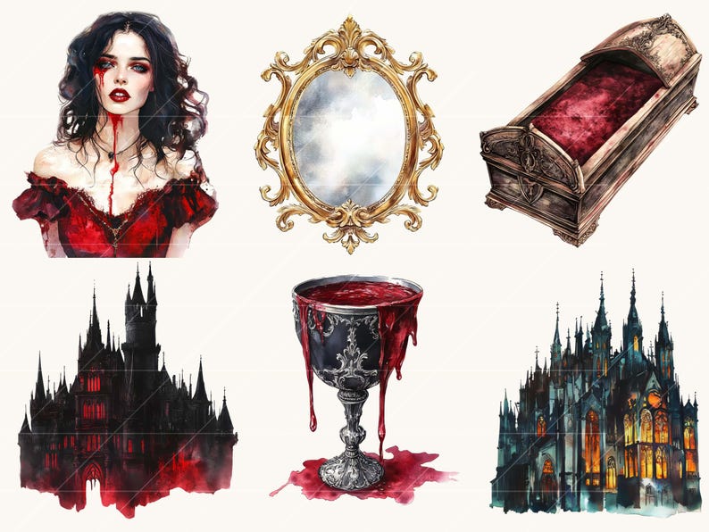 Peut inclure: Illustrations &agrave; l'aquarelle d'&eacute;l&eacute;ments gothiques. Comprend une femme avec des accents rouges, un miroir dor&eacute; orn&eacute;, un cercueil avec un int&eacute;rieur rouge, un calice d&eacute;bordant de liquide rouge et deux ch&acirc;teaux sombres.