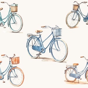 May include: Five blue bicycles with brown wicker baskets and brown handlebars. The bicycles have brown seats and brown tires. The bicycles are on a white background.