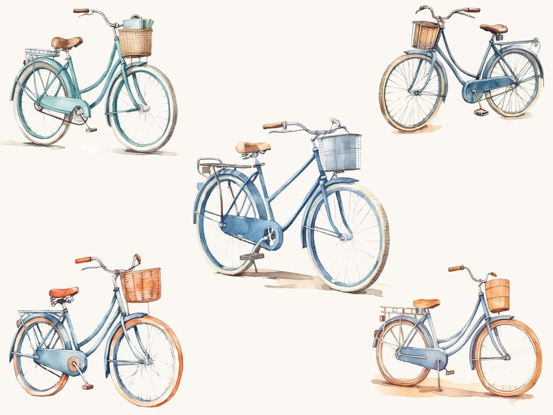 May include: Five blue bicycles with brown wicker baskets and brown handlebars. The bicycles have brown seats and brown tires. The bicycles are on a white background.