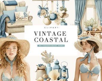 66 Vintage Coastal Clipart Bundle Sublimation Designs Digital Download, Digital Prints, Digital Art, Digital Planner, PNG Files