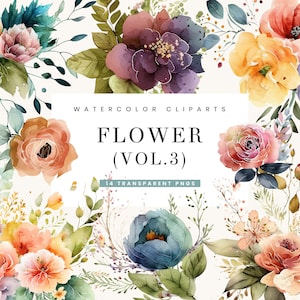 14 Spring Fest Watercolor Floral Bouquet Clipart, Arrangement Separate Elements, Red Peony Rose Clip Art PNG, Commercial Use,