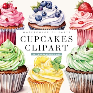 28 Aquarell Cupcakes Clipart Bundle Sublimation Designs Digital Download, Sofortiger Download Digitaldrucke, PNG Dateien Designs