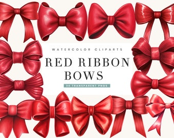 Watercolor Red Ribbon Bows Clipart: 30 PNG Designs (Digital Download)
