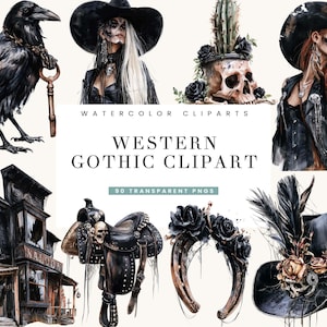 May include: A collection of watercolor clipart featuring a black raven with a key, figures in wide-brimmed hats, a skull with a cactus, a weathered saloon building, a leather saddle, a horseshoe with black roses, and a decorated cowboy hat.