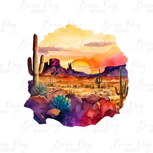K&ouml;nnte beinhalten: Ein Aquarellbild einer W&uuml;stenlandschaft mit einem Sonnenuntergang im Hintergrund. Das Bild zeigt verschiedene Kakteen, Berge und Felsen in Violett-, Orange- und Gelbt&ouml;nen.