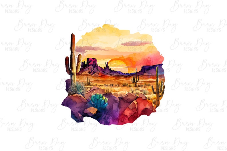 K&ouml;nnte beinhalten: Ein Aquarellbild einer W&uuml;stenlandschaft mit einem Sonnenuntergang im Hintergrund. Das Bild zeigt verschiedene Kakteen, Berge und Felsen in Violett-, Orange- und Gelbt&ouml;nen.