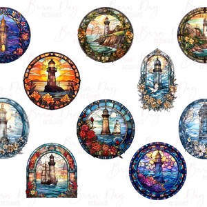 May include: Ten colorful stained glass illustrations of lighthouses with various backgrounds, including seascapes, sunsets, and floral designs.