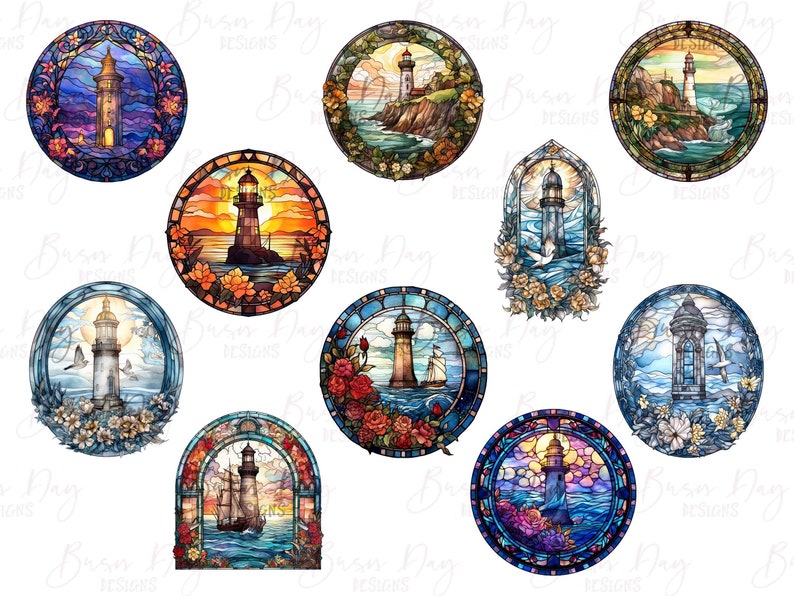May include: Ten colorful stained glass illustrations of lighthouses with various backgrounds, including seascapes, sunsets, and floral designs.