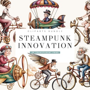 May include: A collection of watercolour illustrations featuring steampunk characters with airships and bicycles. The image includes the text "CLIPARTS BUNDLE STEAM PUNK INNOVATION 30 TRANSPARENT PNGS". The characters are dressed in Victorian-era clothing.
