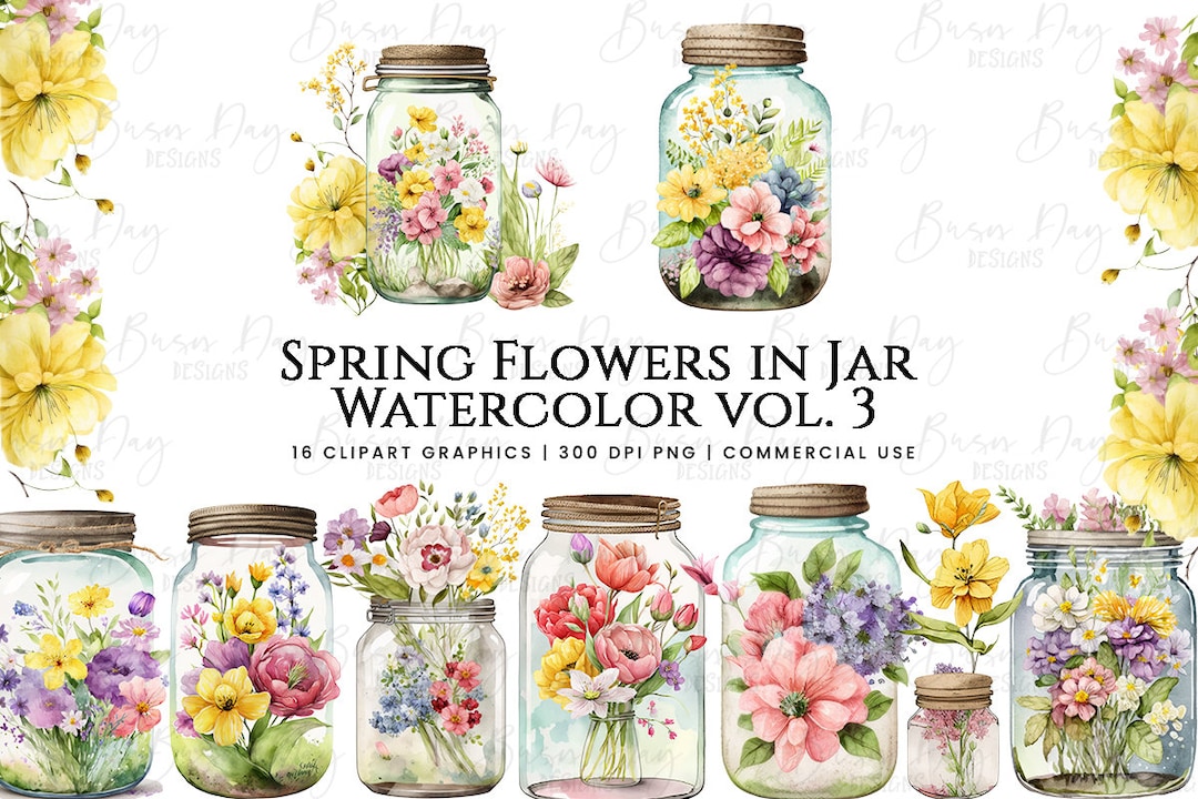 Spring Flower in Mason Jar With Flowers Clipart PNG Digital Download