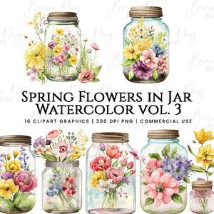 15 Frühlingsblume im Einmachglas mit Blumen Clipart PNG - digitaler Download - ideal für die Kartengestaltung, Mixed Media, digitales Papier