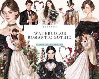 132 Dark Romantic Gothic Clipart Bundle | Watercolor Victorian Love PNG | Gothic Wedding & Commercial Use