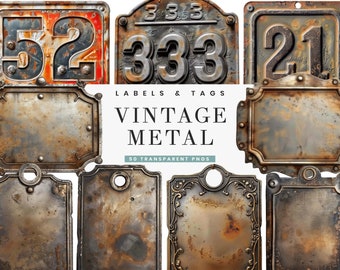 May include: A set of 10 vintage metal labels and tags with a distressed, rusty look. The labels are blank and ready to be customized with your own text or designs.  The labels are perfect for adding a rustic touch to your crafts, gifts, and home decor.
