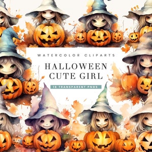 16 水彩ハロウィーンかわいい女の子クリップアート バンドル デジタル ダウンロード昇華デザイン、印刷可能な壁アート、即時ダウンロード、PNG ファイル
