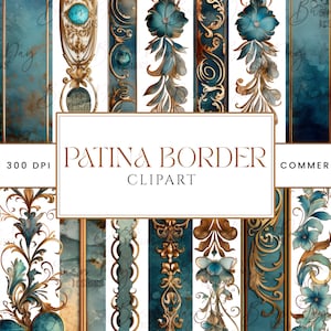 May include: A set of 67 digital clipart images featuring ornate gold and teal borders with floral designs. The images are 300 DPI and are for commercial use. The text "PATINA BORDER CLIPART" is displayed in the centre of the image.