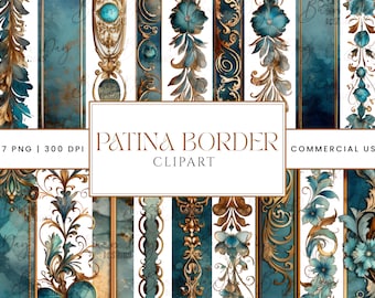 May include: A set of 67 digital clipart images featuring ornate gold and teal borders with floral designs. The images are 300 DPI and are for commercial use. The text "PATINA BORDER CLIPART" is displayed in the center of the image.