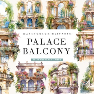 26 Watercolor Palace balcony clipart bundle, commercial use, digital download, instant download, digital planner
