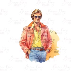 May include: A watercolor illustration of a person wearing a red jacket, a yellow shirt, and blue jeans. The person is wearing sunglasses and has a mustache.