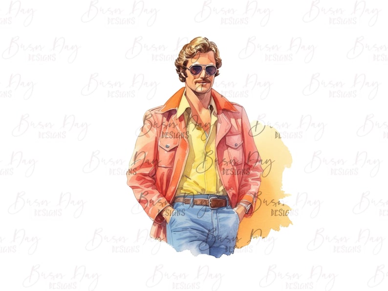 May include: A watercolor illustration of a person wearing a red jacket, a yellow shirt, and blue jeans. The person is wearing sunglasses and has a mustache.