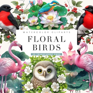 25 aquarel bloemen vogels clipart bundel sublimatie ontwerpen digitale download, digitale prints, afdrukbare kunst, vogels png-bestanden kunst aan de muur
