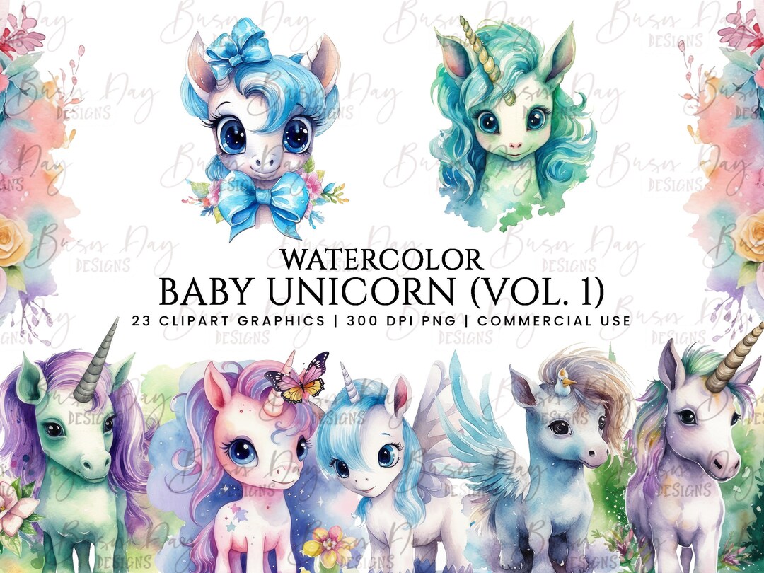 Watercolor Baby Unicorn Clipart: 23 PNG Graphics (digital Download) - Etsy