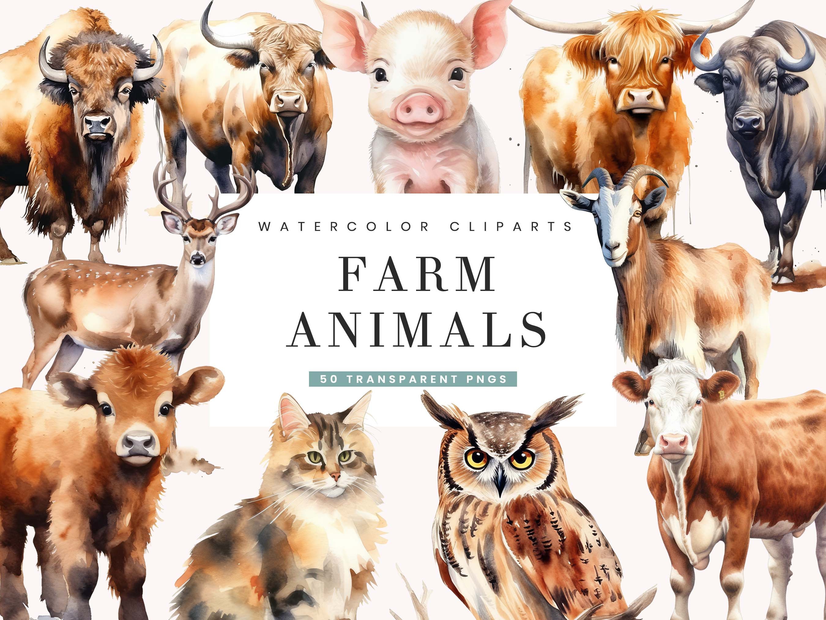 Watercolor Farm Animals Clipart Bundle: 50 PNG Designs (digital ...