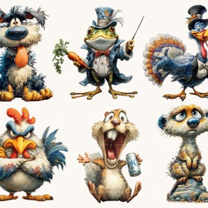 May include: Six cartoon animal illustrations. The animals are a dog, frog, turkey, chicken, squirrel, and meerkat, each with distinct expressions and clothing. The artwork uses bright colours and detailed textures, creating a whimsical feel.