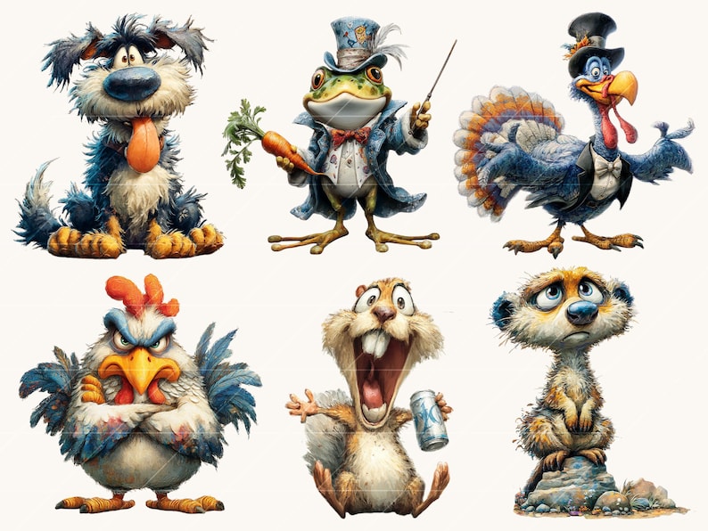 May include: Six cartoon animal illustrations. The animals are a dog, frog, turkey, chicken, squirrel, and meerkat, each with distinct expressions and clothing. The artwork uses bright colours and detailed textures, creating a whimsical feel.