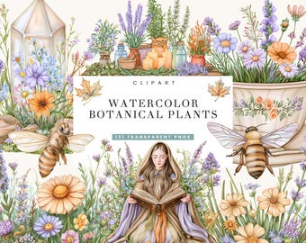 131 Watercolor Garden Botanical PNG Bundle | Floral Plants, Lavender, Bees & Cottagecore Clipart | Commercial Use