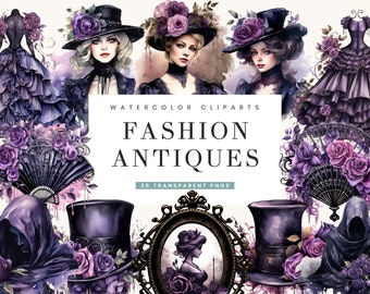 Watercolor Fashion Antiques Clipart Bundle: 35 PNG Designs (Digital Download)