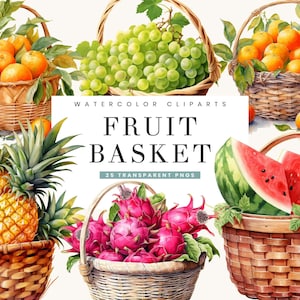 25 Aquarell Obstkorb Clipart Bundle Sublimation Designs digitaler Download, Sofortiger Download Digitaldrucke, Digital Clipart PNG-Dateien