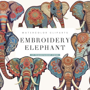 17 Aquarell Stickerei Elefant Clipart druckbare Kunst, digitale Wandkunst, Sublimationsdesigns, digitaler Download, Sofortdownload Png-Dateien