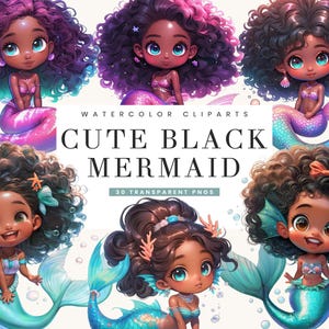 30 Cute Black Mermaid Clipart Bundle Sublimation Designs Download digital, impressões digitais Download instantâneo, designs PNG de clipart digital