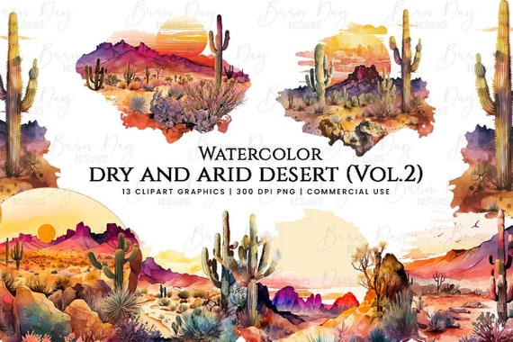 Watercolor Desert Clipart: Arid Landscape PNG Bundle (Digital Download)