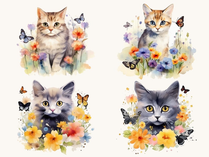 20 Watercolor Cat with Flowers Clipart Sublimation Designs, Instant Download Watercolor Clipart, Printable Art, Digital Download Png Files image 4