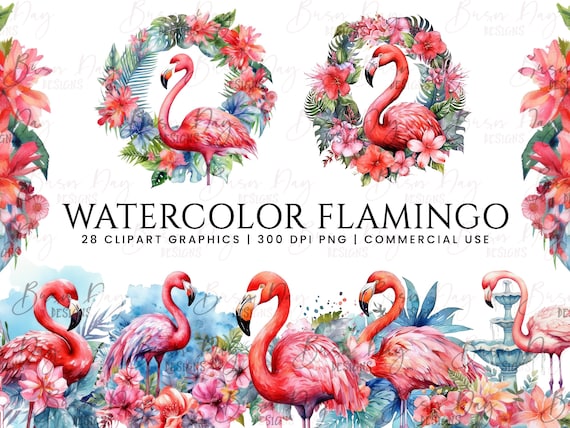 Watercolor Flamingo Clipart Bundle: 28 PNG Graphics (Digital Download)