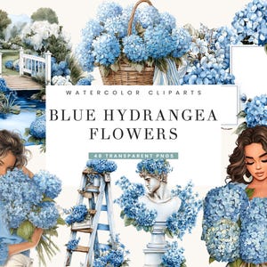 May include: Watercolor clip art featuring blue hydrangea flowers. The image includes illustrations of women, a garden scene with a bridge, a basket of flowers, and a bust statue. Text on the image reads "BLUE HYDRANGEA FLOWERS" and "48 TRANSPARENT PNGS."