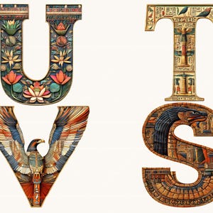 May include: Four decorative letters: U, V, T, and S, in an ancient Egyptian style. The letters are intricately designed with hieroglyphs, lotus flowers, and an eagle. The color palette includes gold, blue, red, and green.