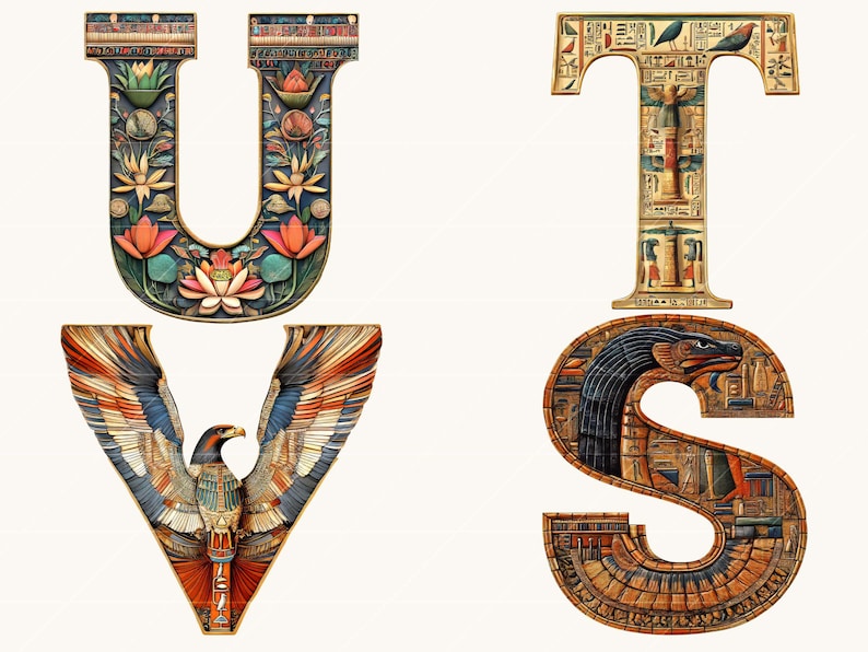 May include: Four decorative letters: U, V, T, and S, in an ancient Egyptian style. The letters are intricately designed with hieroglyphs, lotus flowers, and an eagle. The color palette includes gold, blue, red, and green.