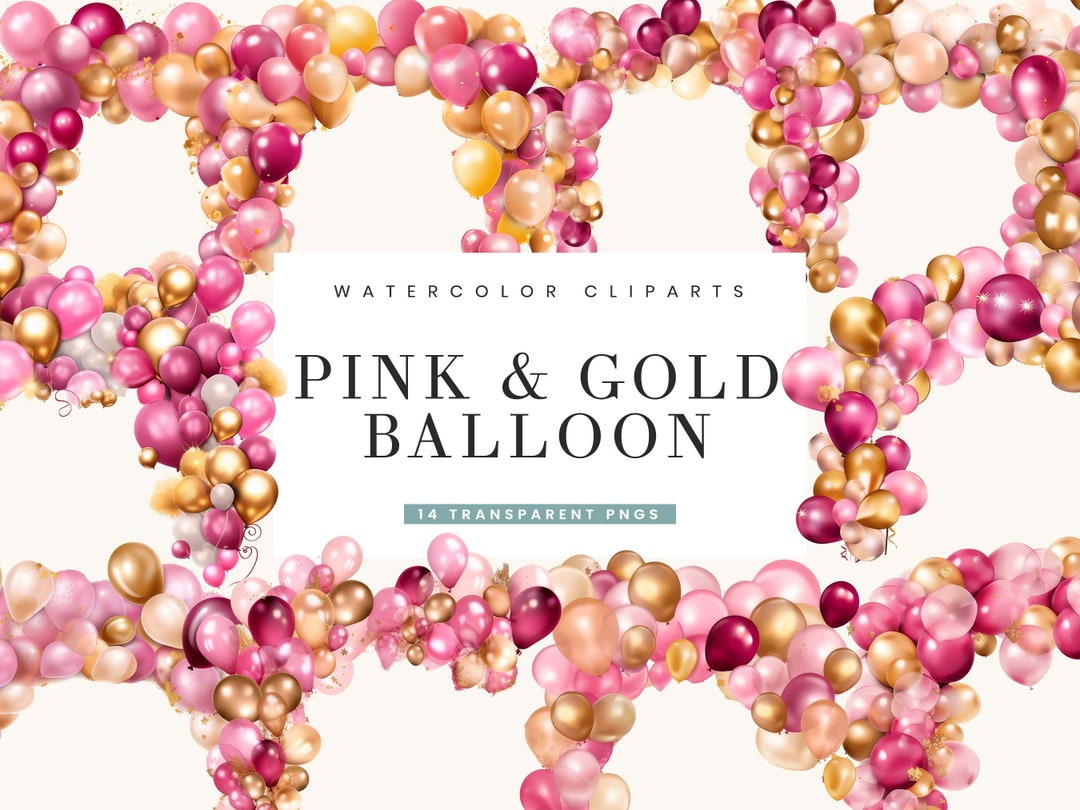 Watercolor Pink and Gold Balloon Arch Clipart: 12 PNG Designs (digital ...