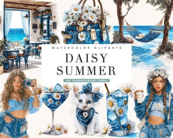 60 Watercolor Daisy Summer Clipart Bundle Sublimation Designs Digital Download, Digital Prints, Digital Art, Summer Beach PNG Files