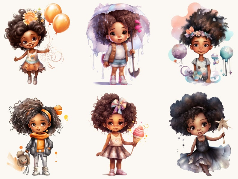 29 Watercolor Cute little black girl Clipart bundle , watercolor clipart, digital download, instant download, digital prints image 4