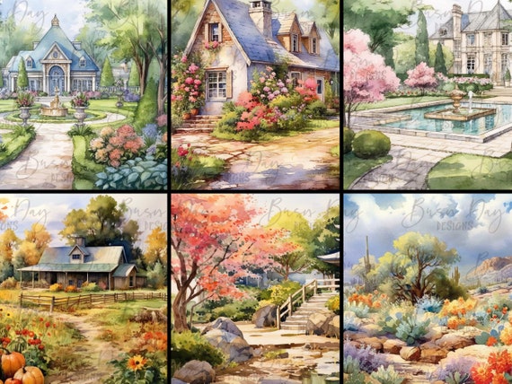 水彩画の花の庭の背景：12 個の PNG クリップアート（デジタル