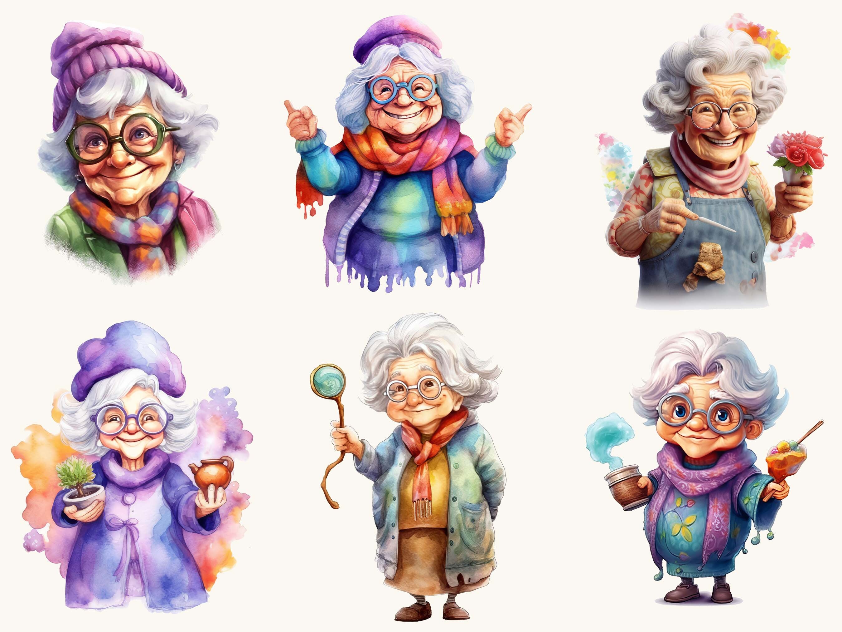 Watercolor Old Lady Clipart Bundle: 29 PNG Designs (digital Download ...