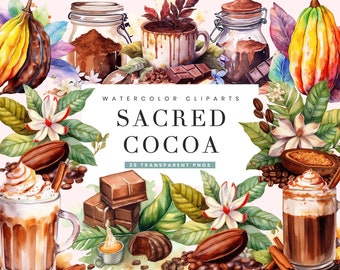 Puede incluir: Ilustraciones de acuarela de granos de cacao, barras de chocolate, polvo de cacao y chocolate caliente. Las ilustraciones están rodeadas de hojas verdes y flores blancas. El texto "WATERCOLOR CLIPARTS SACRED COCOA 29 TRANSPARENT PNGS" está en la parte superior de la imagen.