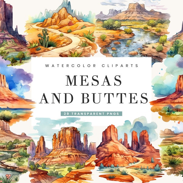 29 Watercolor Mesas and Buttes clip art bundle ,commercial user quiet, Instant Download Commercial Clipart, digital planner